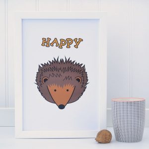 happy hedgehog white A4 print