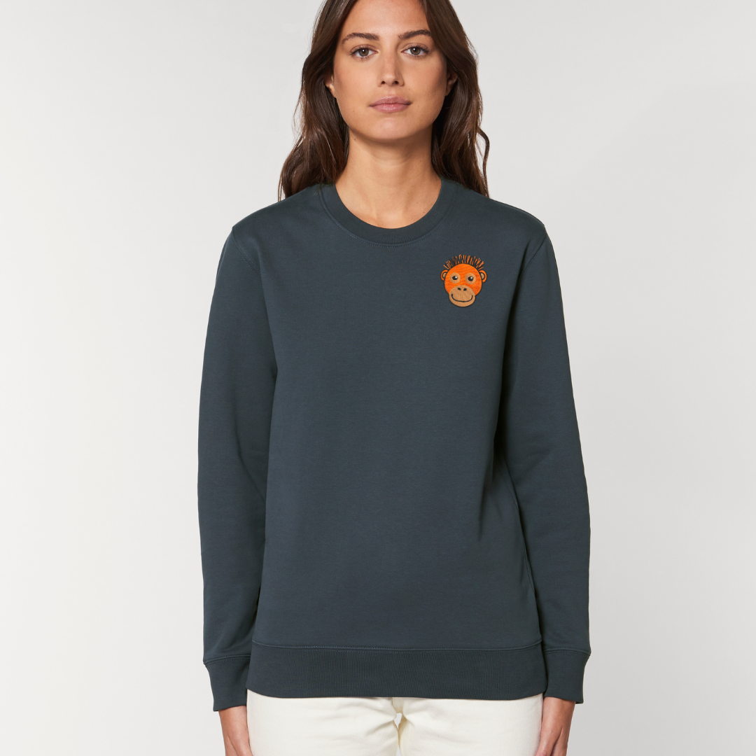 Custom organic heather grey sweatshirt printed with vegan ink Ethically made personalised women's sweatshirt.