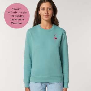 flamingo organic cotton teal sweatshirt as worn by Kim Murray in The Sunday Times Style Magazine
