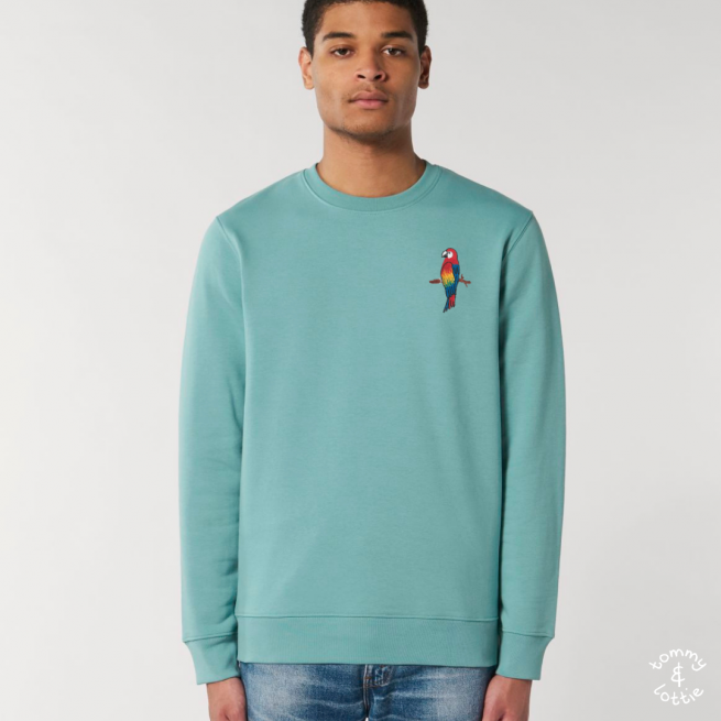 tommy and lottie adults organic cotton parrot sweatshirt - teal monstera