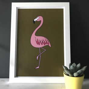 flamingo on khaki A4 wall print