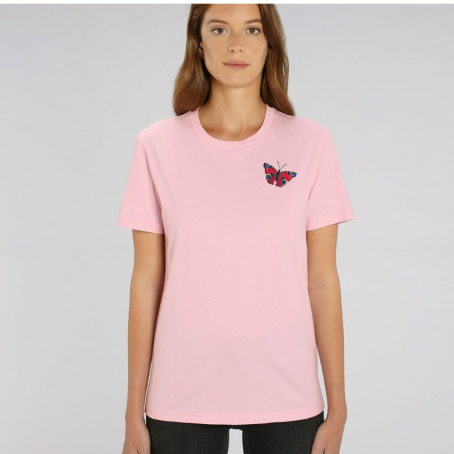 Adults tommy & lottie peacock butterfly organic cotton t shirt - pale pink
